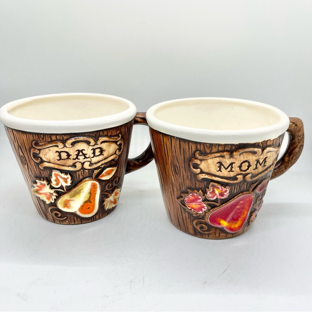 Vintage Treasure Craft Mug Coffee Cups Matching Mom & Dad Brown Wood Pear Rustic